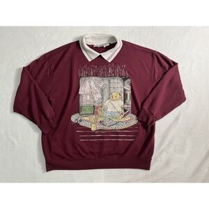 Basic Editions Burgundy Collared Pullover Sweatshirt Bear Graphic Women's L Fall
